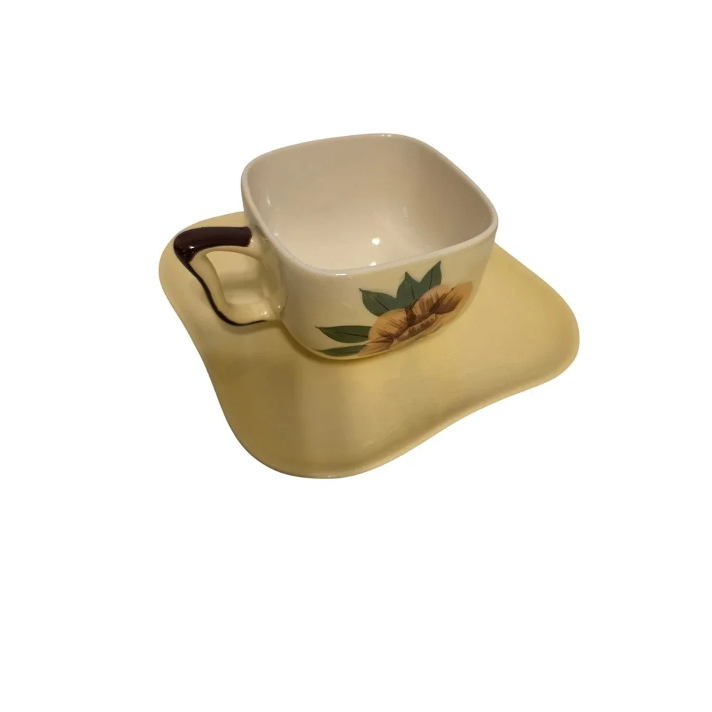 Vintage Weil Ware California Pottery Tea Cup and Saucer Set Floral Yellow 164836